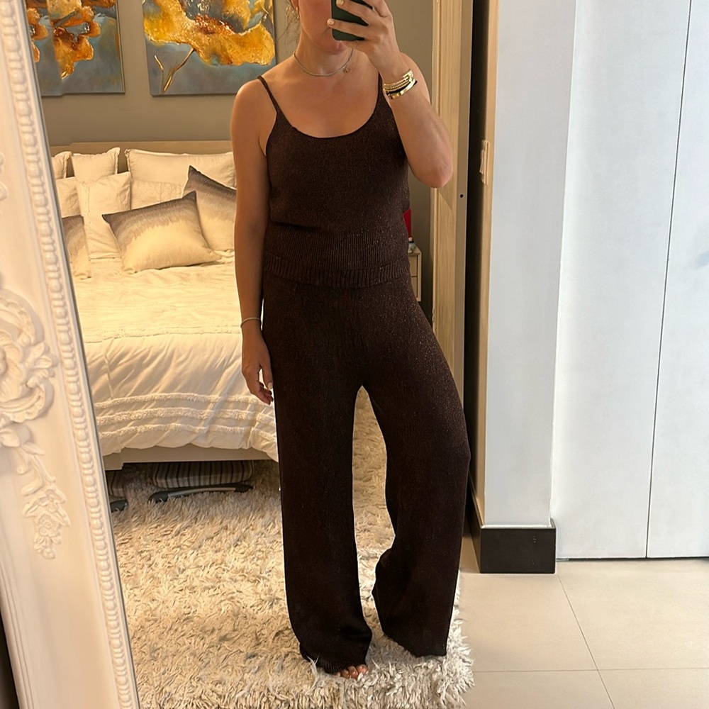 STAUD Brown Knit Tank and Wide-Leg Lounge Set